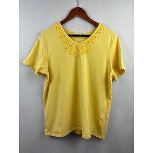 Women’s Susan Graver Large Yellow Short Sleeve Shirt with Lace Neckline